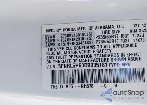 2013 Honda Odyssey Ex-L from USA, damaged, VIN 5FNRL5H60DB035181